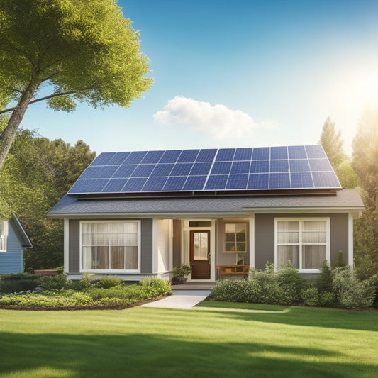 A serene suburban home with a sleek, modern solar panel array on its roof, surrounded by lush greenery and a bright blue sky with a few puffy white clouds.