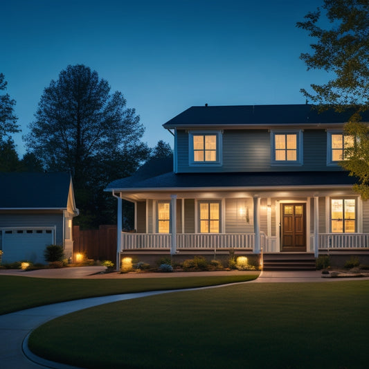 A serene suburban home at dusk, lit by soft golden streetlights, with sleek solar panels on the roof, a wireless security camera above the front door, and a subtle LED light strip along the porch railing.