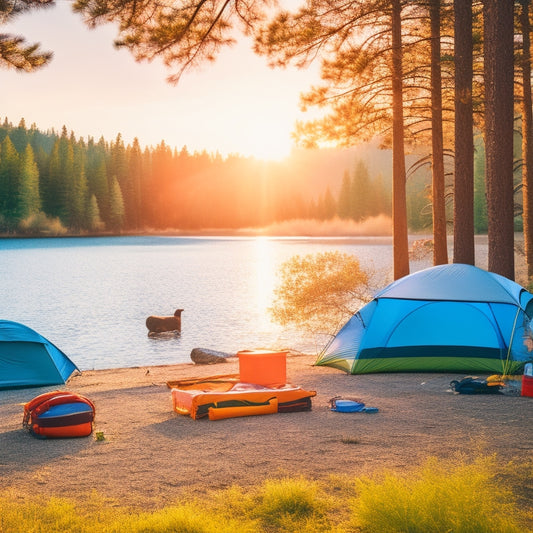 A vibrant summer camping scene featuring sleek solar-powered coolers nestled among tall pine trees, beside a sparkling lake, with colorful camping gear scattered around, and sunlight glistening on the water's surface.