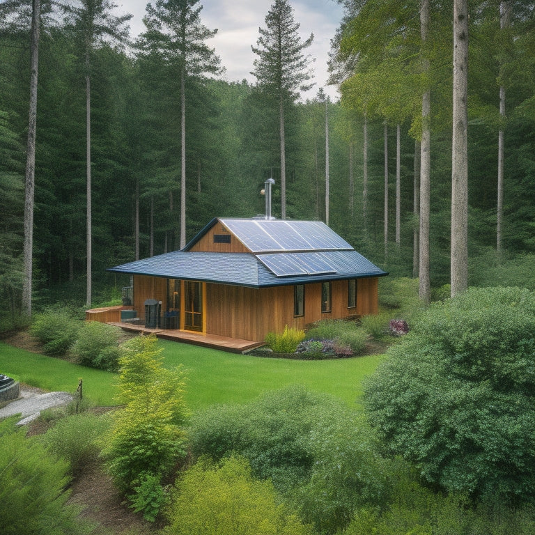 A serene off-grid home nestled in a lush forest, featuring solar panels, a green roof, and natural wood siding. Surrounding it are vibrant gardens, rainwater collection barrels, and a small wind turbine.