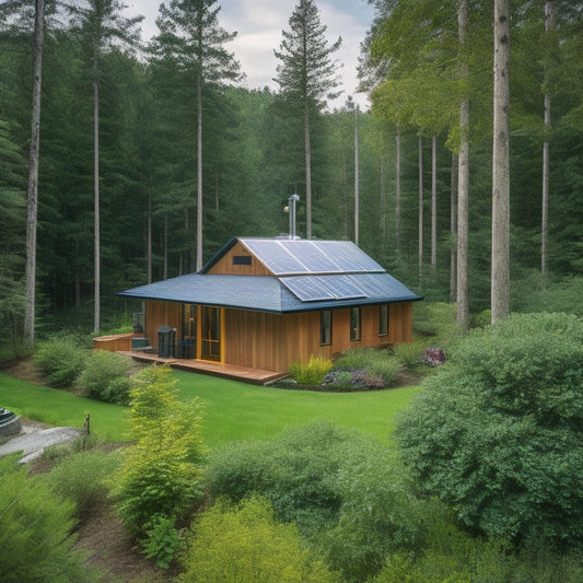 A serene off-grid home nestled in a lush forest, featuring solar panels, a green roof, and natural wood siding. Surrounding it are vibrant gardens, rainwater collection barrels, and a small wind turbine.