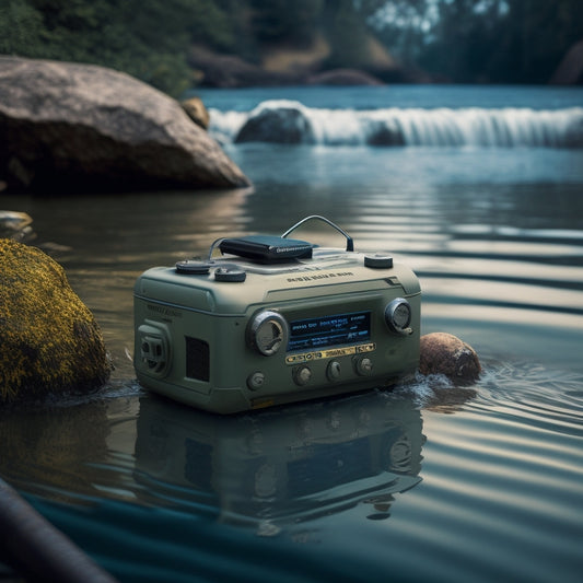 A rugged waterproof radio submerged underwater with gentle ripples, surrounded by camping gear and emergency supplies in a serene outdoor setting.