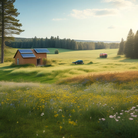 A serene, sunny meadow with a small, modern off-grid cabin in the distance, surrounded by solar panels, wind turbines, and a battery bank, with a few trees and wildflowers scattered around.