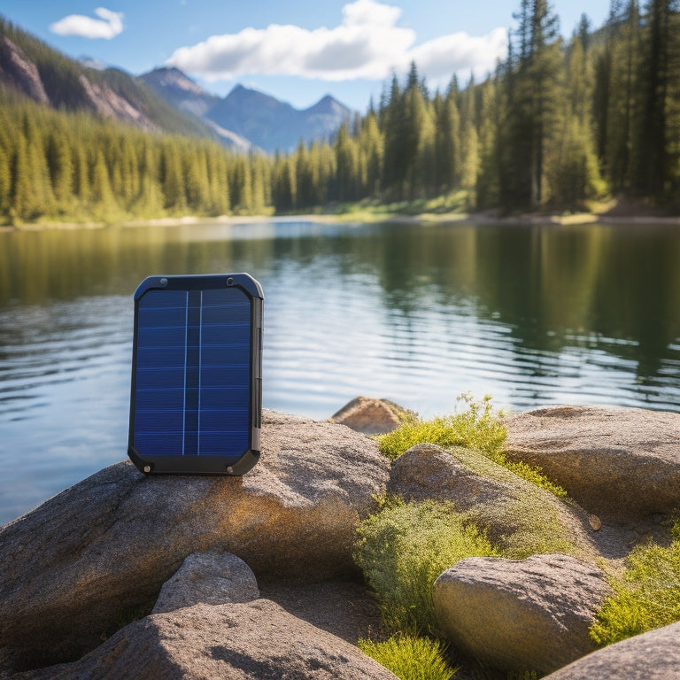 A rugged outdoor scene with a solar-powered power bank on a rocky outcrop, surrounded by pine trees and a serene lake. Bright sunlight glints off the device, highlighting its durability and portability.