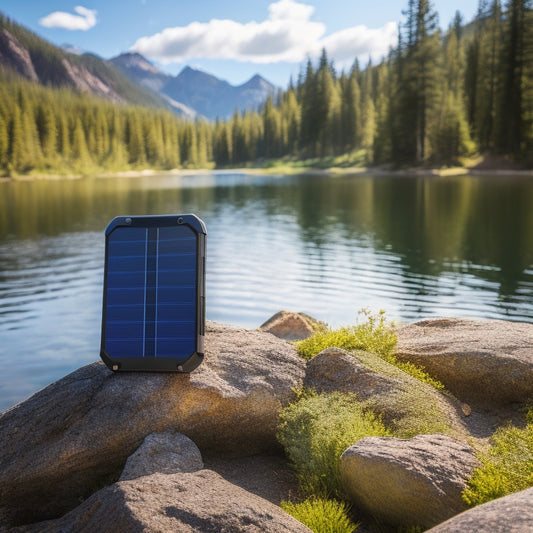 A rugged outdoor scene with a solar-powered power bank on a rocky outcrop, surrounded by pine trees and a serene lake. Bright sunlight glints off the device, highlighting its durability and portability.