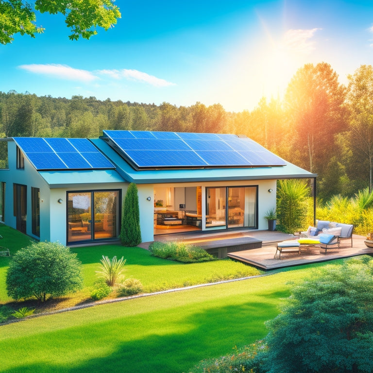 An illustration of a modern, eco-friendly home with solar panels on the roof, a smart thermostat, and energy-efficient appliances, surrounded by lush greenery and a bright blue sky.