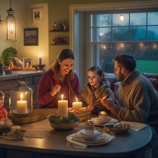 A cozy home illuminated by a warm glow from a portable generator, surrounded by candles and lanterns. Outside, a storm rages with dark clouds, while inside, a family enjoys a game night, safe and secure.