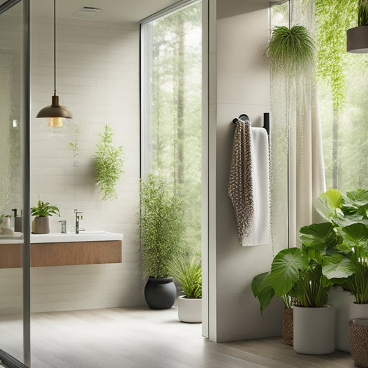 A serene bathroom scene featuring various low flow showerheads, showcasing sleek designs, water-saving technology, and modern aesthetics, surrounded by lush greenery, soft lighting, and a minimalist decor style to evoke relaxation and sustainability.