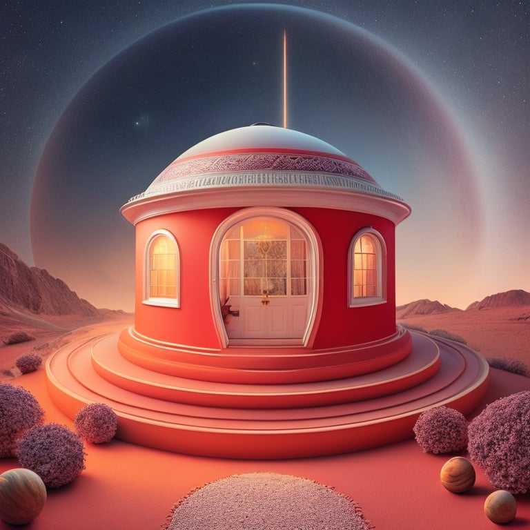 A whimsical illustration of a house with planetary-inspired decor: Jupiter's Great Red Spot pattern on the roof, Saturn's ring-shaped door, Mars-red walls, and a sun-inspired lamp shining bright.