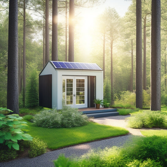 A serene outdoor scene featuring sleek solar panels, a modern battery storage unit, and lush greenery, with sunlight filtering through trees, showcasing sustainability in harmony with nature.