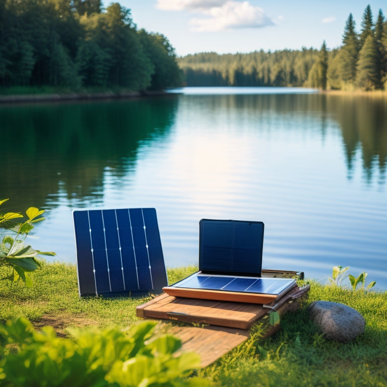 A serene outdoor scene featuring a compact, foldable solar panel with a sleek, black battery pack and a few connected gadgets, set amidst a tranquil lake backdrop with lush greenery and a few fluffy clouds.