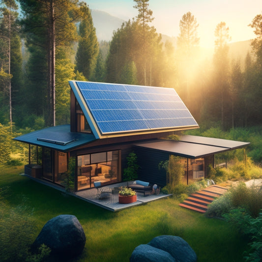 A futuristic, high-tech illustration depicting a serene, off-grid cabin surrounded by lush greenery, with a rooftop solar panel array and a sleek, modern inverter system prominently displayed in the foreground.