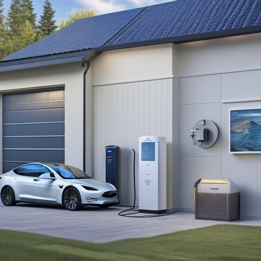 An illustration of a modern home with various energy storage systems: a sleek Tesla Powerwall on the wall, a compact LG Chem RESU battery in the garage, and a set of flooded lead-acid batteries in the basement.