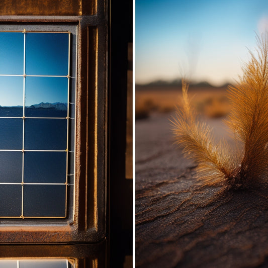A split-screen image: a worn, rusty solar panel with cracked glass and loose wiring on the left, versus a sleek, high-efficiency panel with pristine glass and secure connections on the right.