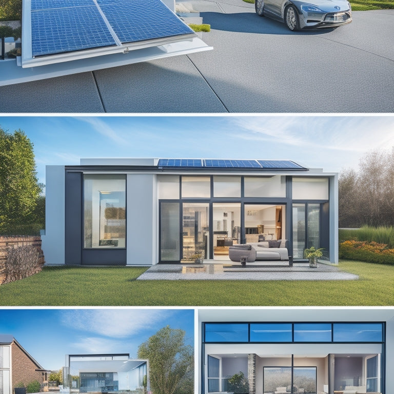 A modern, sleek home with a rooftop solar panel array, a wall-mounted solar battery bank with sleek, silver units, and a smart home energy management system display on a tablet.