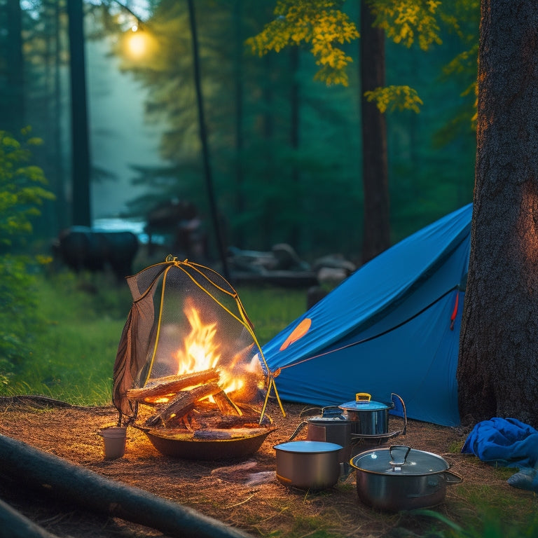A cozy campsite scene with a portable hammock strung between two trees, a compact cooking stove on a small table, a colorful backpack, and essential gear like a lantern and water bottle, surrounded by lush greenery.