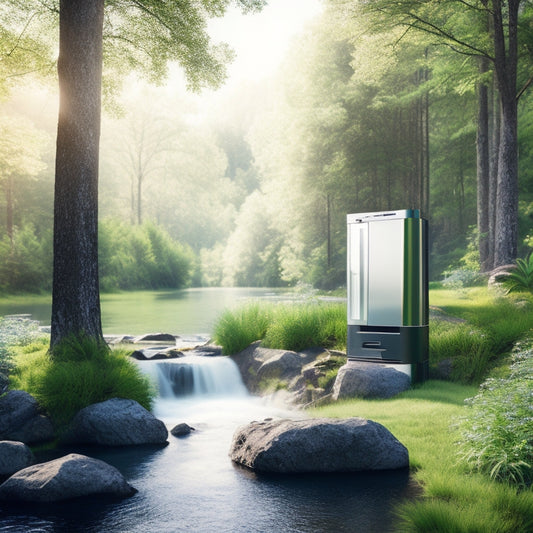 A serene landscape featuring a modern absorption refrigerator nestled among lush greenery, solar panels glistening in sunlight, and a gentle stream flowing nearby, symbolizing harmony with nature and eco-friendliness.