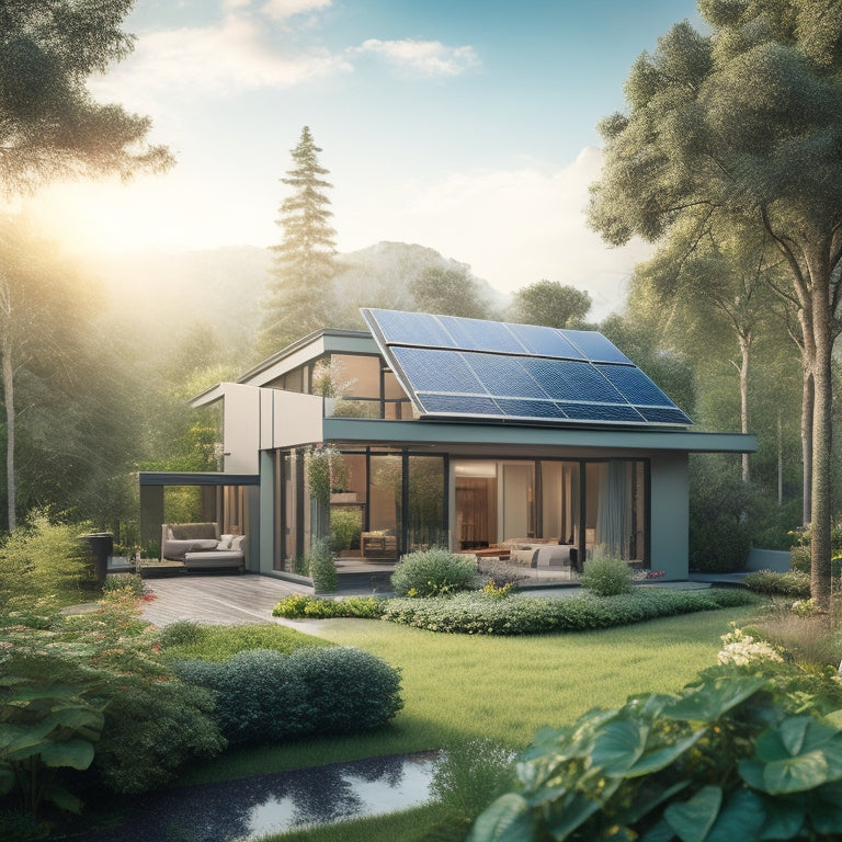 A serene, modern home surrounded by lush greenery, with solar panels on the roof, a wind turbine in the background, and a compact, self-watering garden in the foreground.
