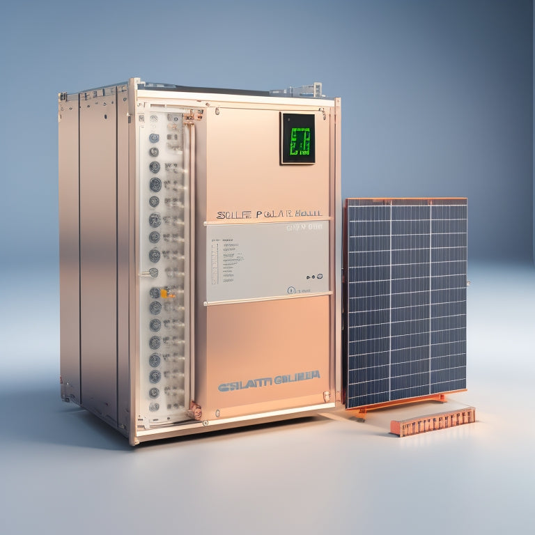 Generate an image of a sleek, silver solar panel inverter with a digital display screen, surrounded by copper wires and electrical components, set against a clean, white background.