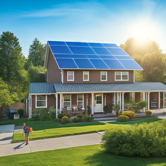 A sunny suburban neighborhood featuring a house with solar panels on the roof, a technician installing equipment, a ladder, and tools scattered around, with vibrant greenery and blue skies in the background.