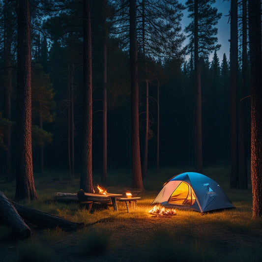 A serene camping scene at dusk, featuring a portable power station beside a glowing tent, illuminated lanterns hanging from trees, and a campfire crackling with sparks, surrounded by pine trees and a starry sky.