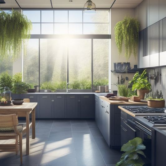 A bright kitchen scene showcasing solar panels on the roof, energy-efficient appliances like a sleek refrigerator and induction stove, surrounded by indoor plants and natural light streaming through large windows.