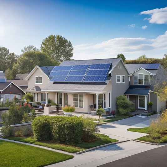 A serene residential neighborhood with a mix of modern and traditional houses, all adorned with sleek solar panels on rooftops, surrounded by lush greenery and a bright blue sky with a few puffy white clouds.