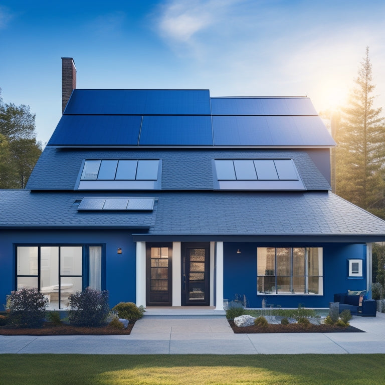 A sunny suburban home with a modern, sleek roof featuring a series of dark blue, rectangular solar panels, arranged in a staggered formation, with a few windows and a chimney in the background.
