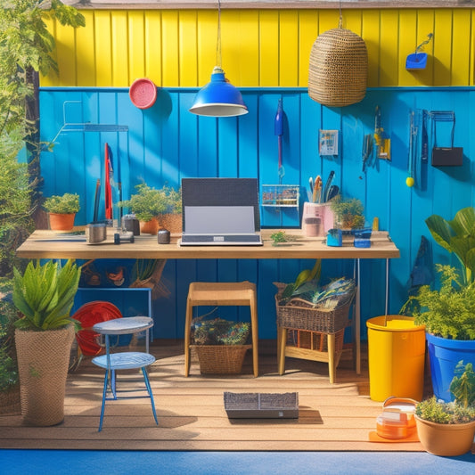 A vibrant workspace featuring tools, solar panels, and a neatly organized battery bank setup. Include step-by-step visuals of the assembly process, colorful wiring, and a sunny outdoor setting to emphasize sustainability.