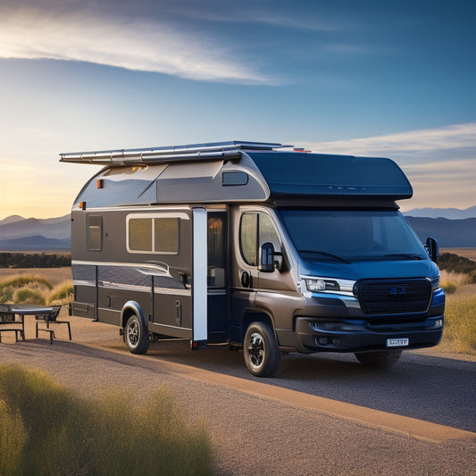An RV or camper with a sleek, black solar panel array mounted on the roof, tilted at an angle, with metallic brackets and wires connecting to a battery compartment.