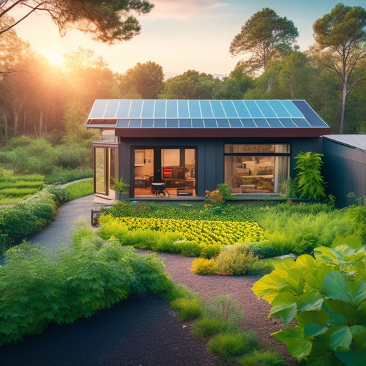 A serene, modern off-grid home surrounded by lush greenery, with solar panels on the roof, a rainwater harvesting system, and a thriving vegetable garden in the foreground.