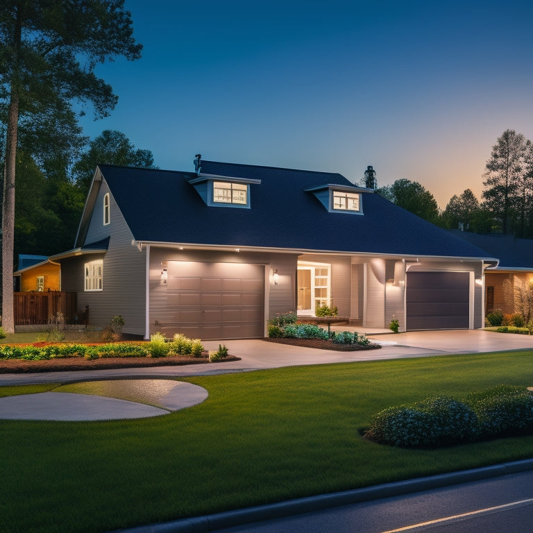 A nighttime residential exterior with a lit-up house, solar panels on the roof, and a sleek, modern battery backup system installed beside the garage, surrounded by a lush green lawn.