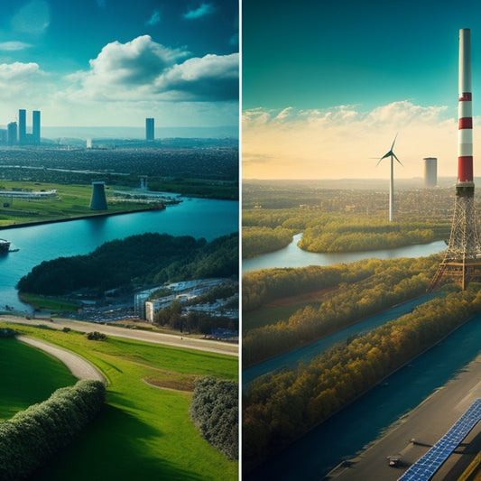 A split-screen illustration: on the left, a cityscape with dark, polluted skies and smokestacks; on the right, a sunny, green landscape with wind turbines and solar panels.