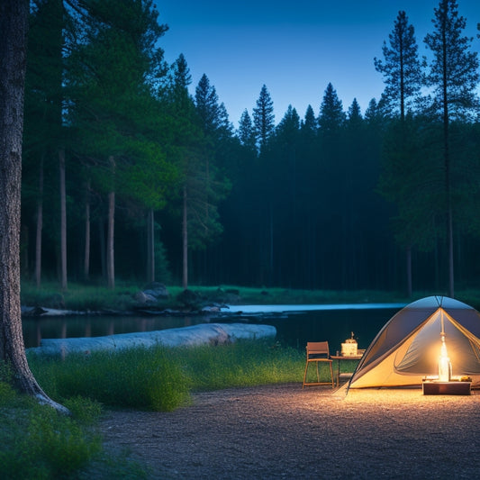 A serene campsite at dusk, featuring a cozy tent with a glowing lantern, surrounded by tall trees. A portable power bank rests on a picnic table, charging devices, with a starry sky above.