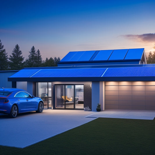 A modern, sleek home with solar panels on the roof and a large, sleek battery system in the garage, surrounded by wires and circuit breakers, with glowing blue lights and a subtle grid pattern.