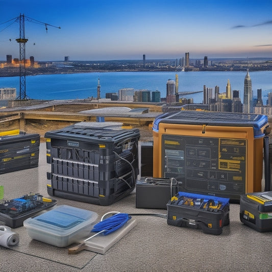 A clutter-free workshop with a DIY battery storage system, featuring a tidy array of deep cycle batteries, inverters, and charge controllers, surrounded by tools and cables, with a cityscape or grid power lines blurred in the background.