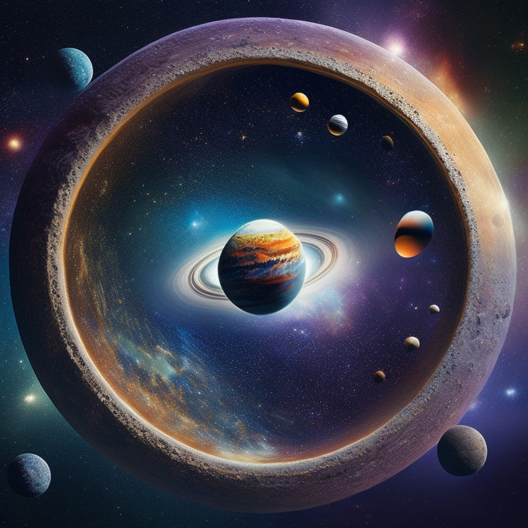 A whimsical illustration of a celestial canvas with various planet templates, colorful rings, and orbit lines, surrounded by stardust, asteroids, and a scattering of tiny, sparkling stars.