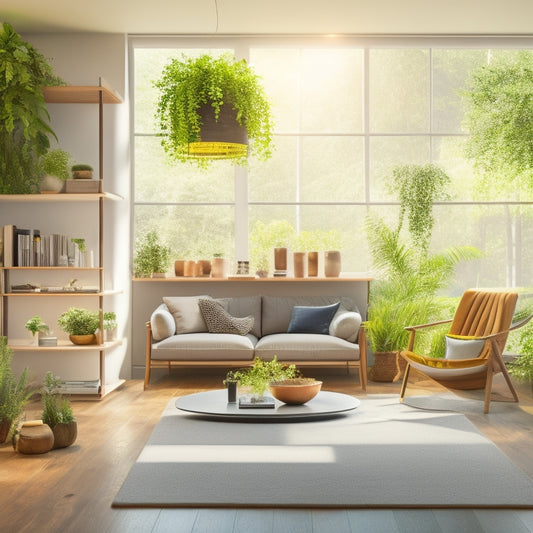 An illuminated modern living room with sleek, minimalist solar-powered shelving units against a bright, sunlit background, surrounded by lush greenery and a few carefully placed decorative objects.