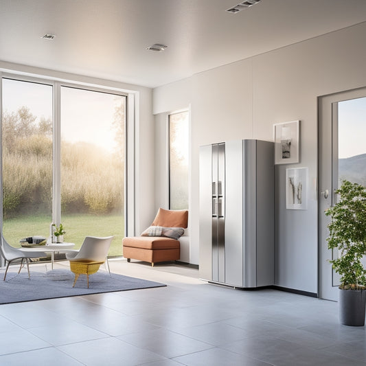 A modern home's interior with a sleek, silver battery storage unit against a wall, surrounded by clean lines, minimal decor, and a few solar panels visible through a window.