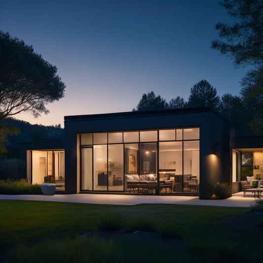 A serene, modern home at dusk, lit by soft warm glow, with a sleek, compact battery system visible through a glass-enclosed patio, surrounded by lush greenery and a subtle, starry night sky.