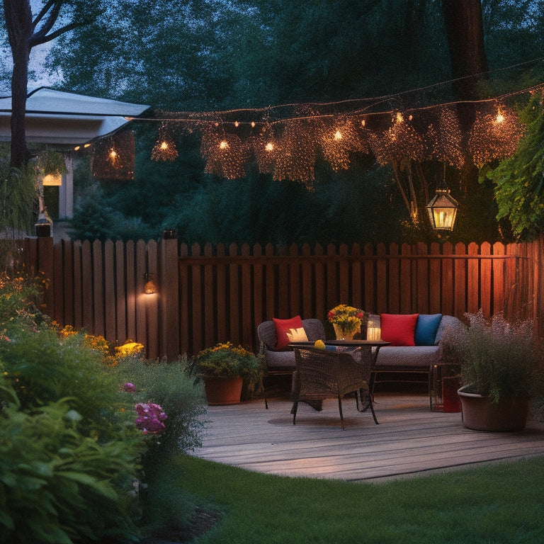 A cozy backyard scene illuminated by colorful solar string lights draped over trees, a rustic wooden fence, and a patio table adorned with vibrant flowers, creating a warm and inviting evening ambiance.