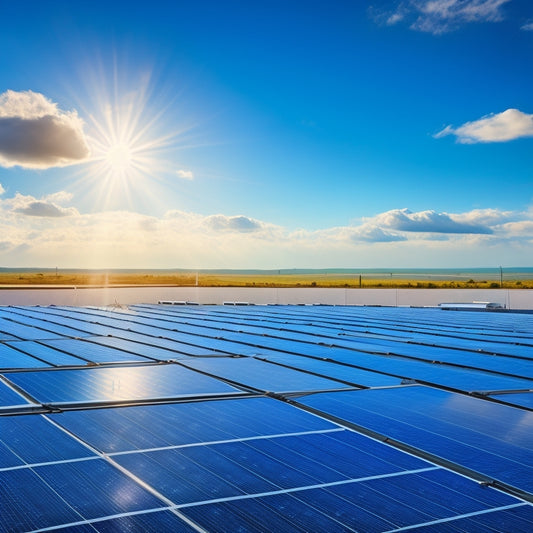 A photorealistic image of a large, modern industrial rooftop covered in rows of sleek, silver solar panels, with a bright blue sky and fluffy white clouds in the background.