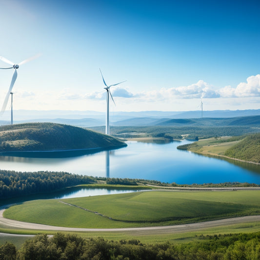 A serene landscape featuring a mix of wind turbines, solar panels, and hydroelectric dams, set against a bright blue sky with a few wispy clouds, surrounded by lush greenery.