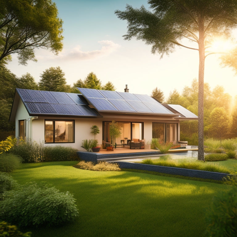 A serene, modern home with solar panels on the roof, a wind turbine in the background, and a lush green garden surrounding the property, with a subtle, sunny glow.