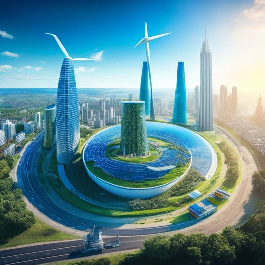 A futuristic, high-tech illustration of a miniature cityscape with sleek skyscrapers, wind turbines, and solar panels, surrounded by a swirling vortex of blue and green hues, symbolizing eco-friendly energy solutions.