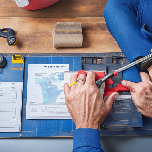 A close-up of a person's hands holding a clipboard with a checklist, surrounded by various tool belts, wrenches, and a background of a well-organized utility room with a prominent circuit breaker panel.