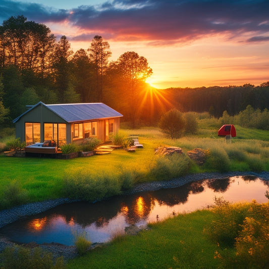 A serene off-grid camping home surrounded by lush greenery, with solar panels on the roof, a wind turbine in the distance, and a small stream running nearby, illuminated by a warm sunset glow.