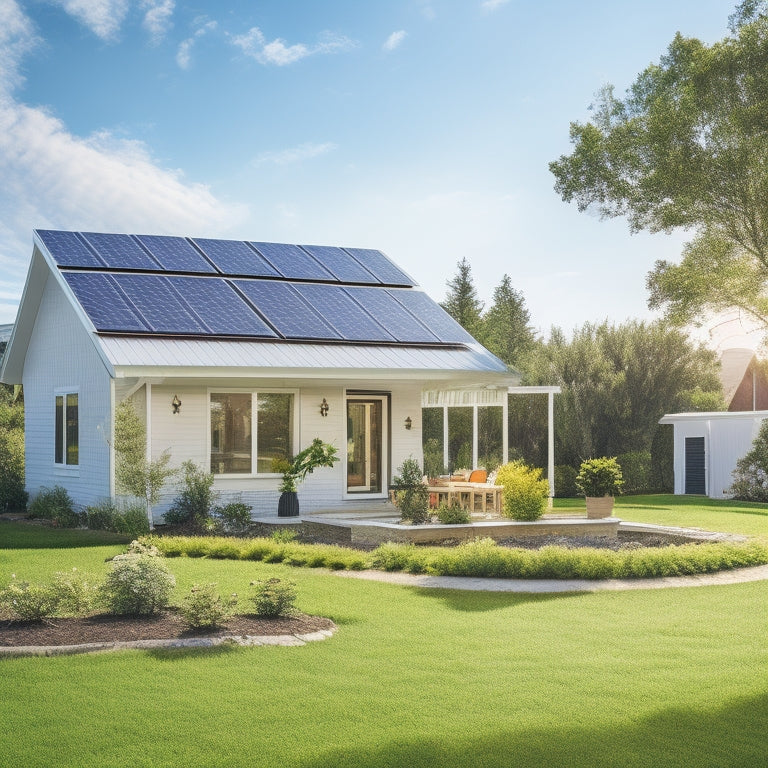 A serene, modern home with solar panels on the roof, a wind turbine in the backyard, and a lush green garden surrounded by a white picket fence, set against a bright blue sky.