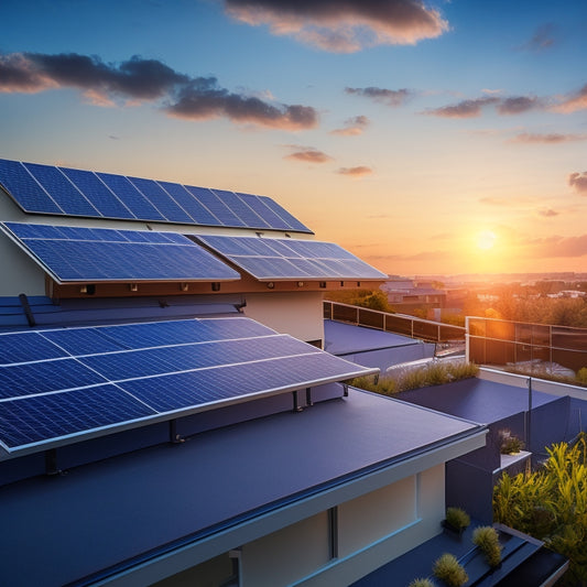 An illustration of a modern residential rooftop with a sleek, black solar panel array, surrounded by a few fluffy white clouds and a subtle sun glow, set against a bright blue sky.