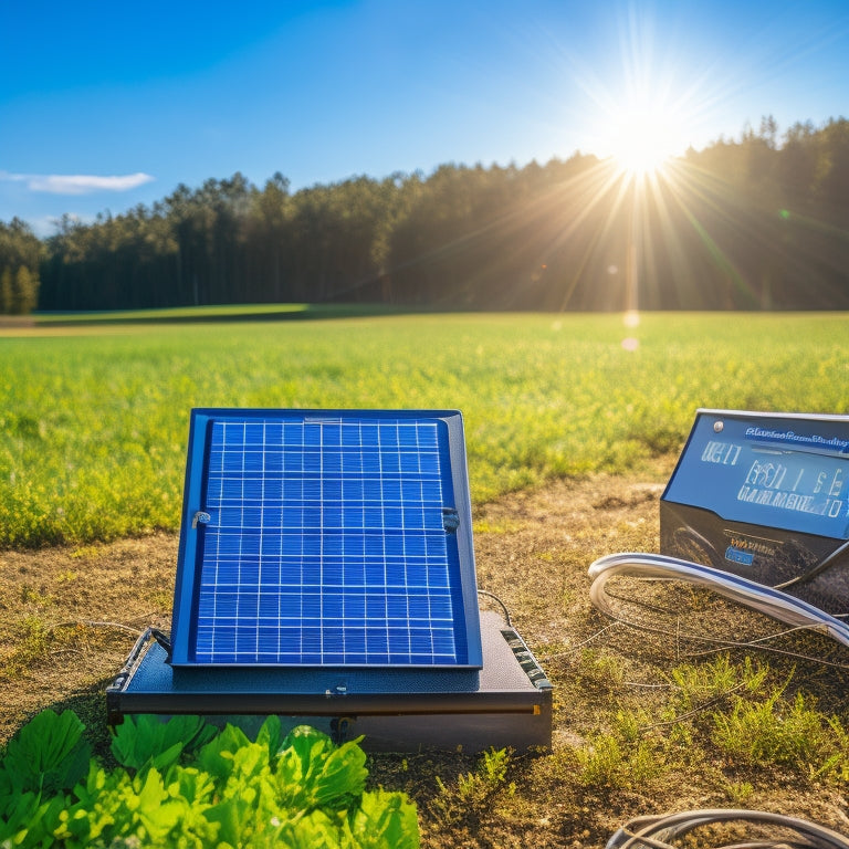 A close-up of a solar power charge controller with glowing LED indicators, surrounded by solar panels under bright sunlight, wires neatly organized, and a serene outdoor setting showcasing green trees and blue sky.